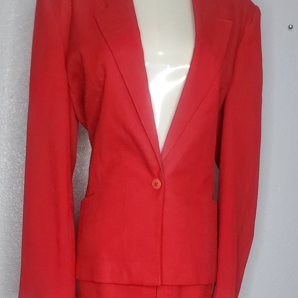 Panther 2 Piece Red Blazer Jacket & A-Line Midi Skirt Set Skirtsuit Size Medium - Picture 9 of 10